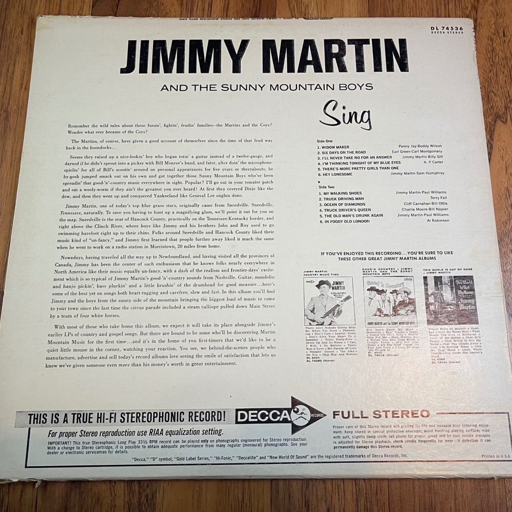 Jimmy Martin Sunny Mountain Boys Widow Maker Vinyl LP Decca DL 74536 Bluegrass - Picture 2 of 6